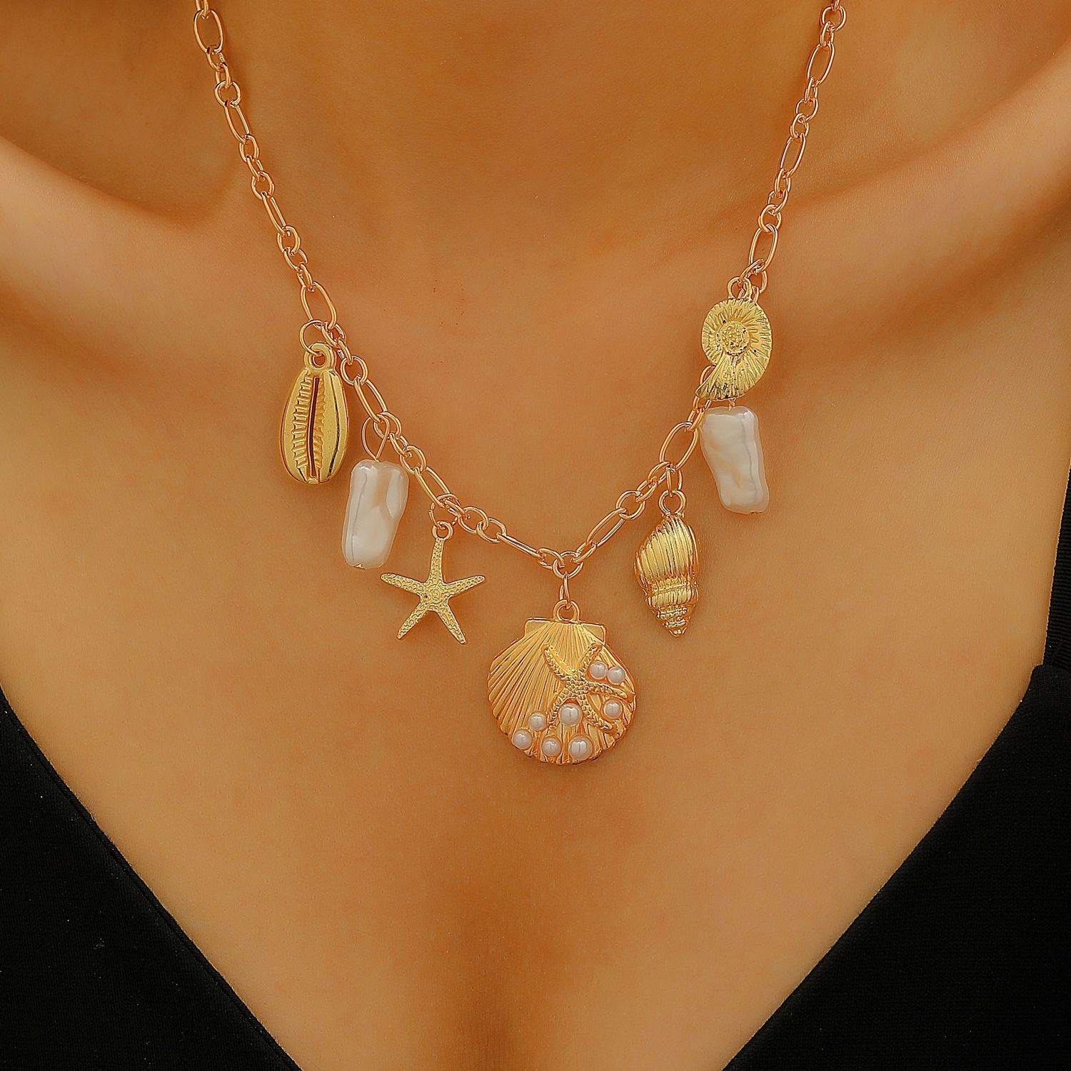 Bohemian Summer Beach Shell Collarbone Chain Niche Seaside Imitation Pearl Starfish Conch Pendant Necklace Bracelet