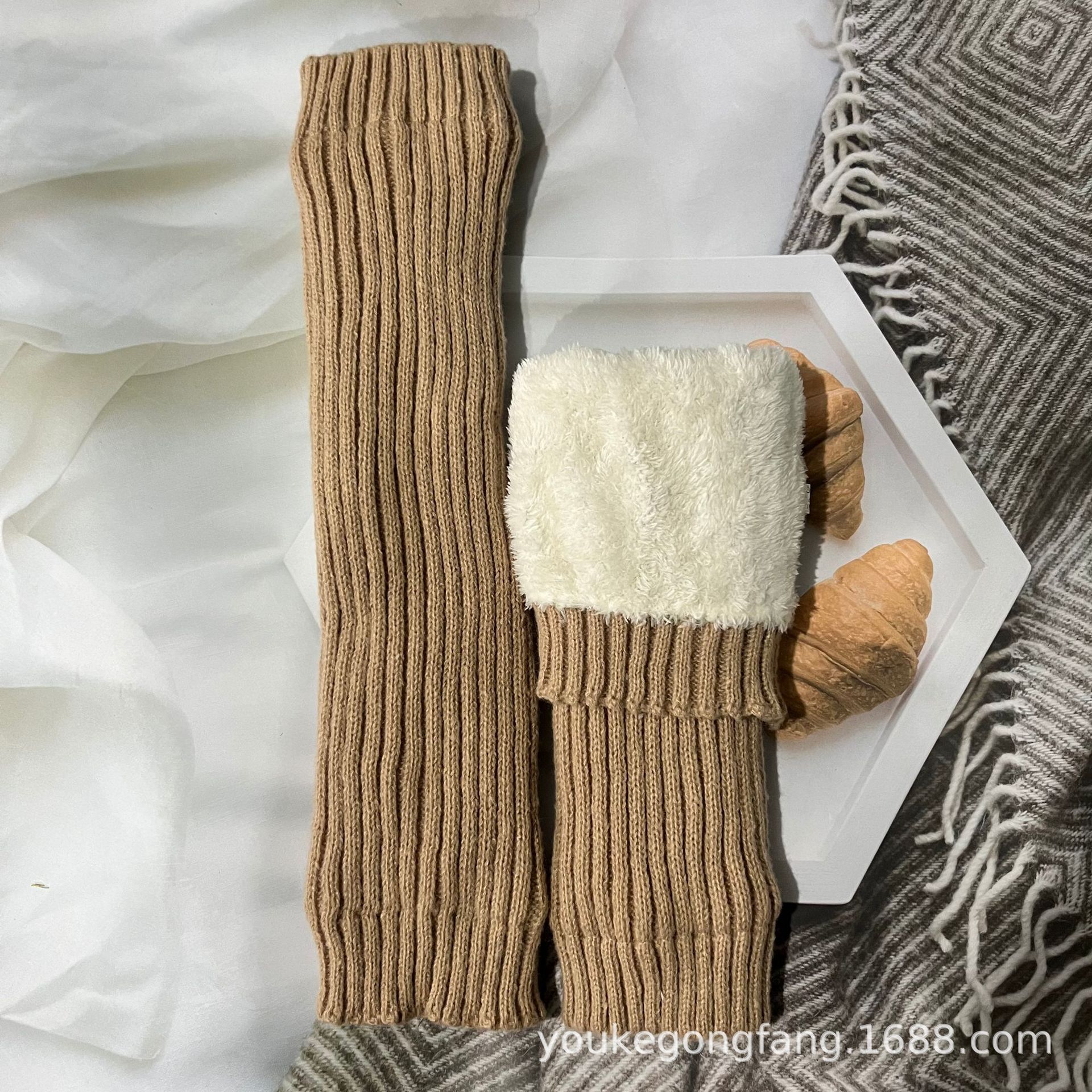 Winter Knit Sock Cuff Fleece Lined Thick Women's Warm Knee Protection Calf Protection Striped Solid Color Stacked Socks Sock