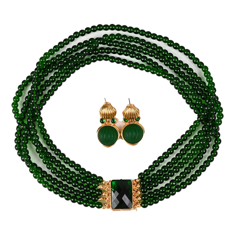 Vintage exaggerated green crystal glass multi-layer stacking set necklace earring dress accessories choker