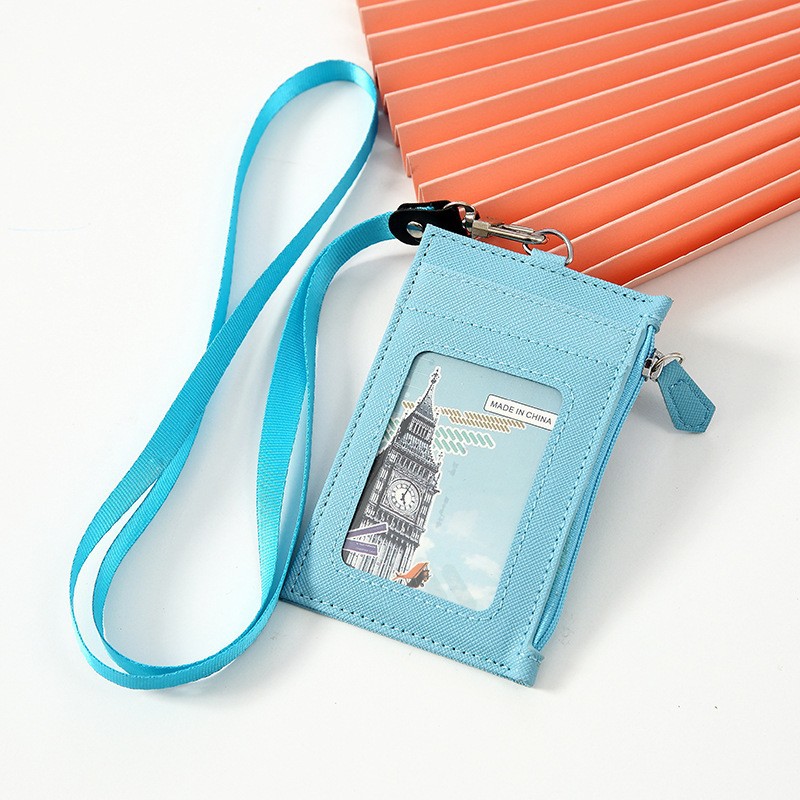 PU leather card holder with lanyard men and women card sleeve neck card holder card case coin purse multi-card slot simple card holder