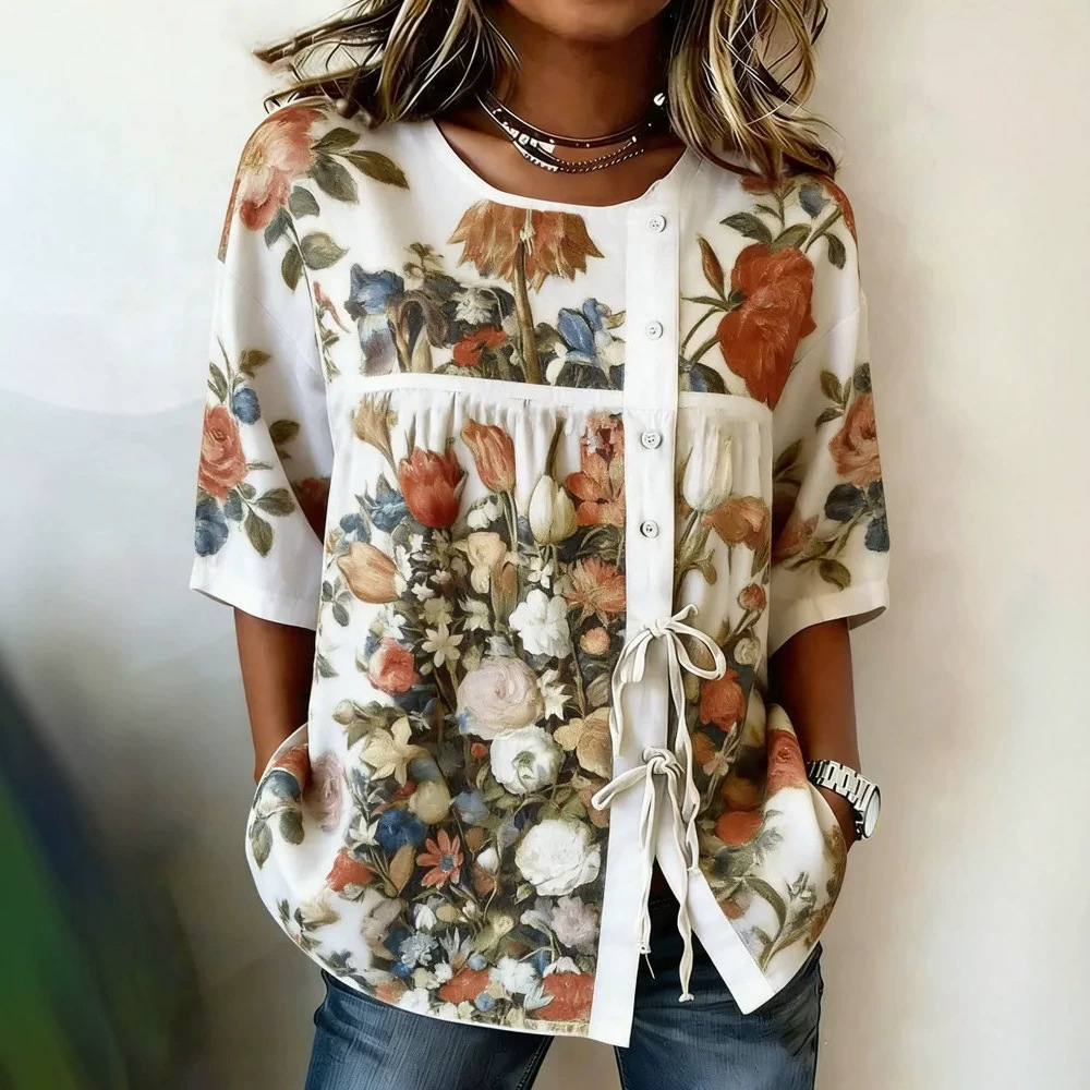 2026 New Summer Women's Top Printed Casual Short Sleeve Drawstring Bow Blouse