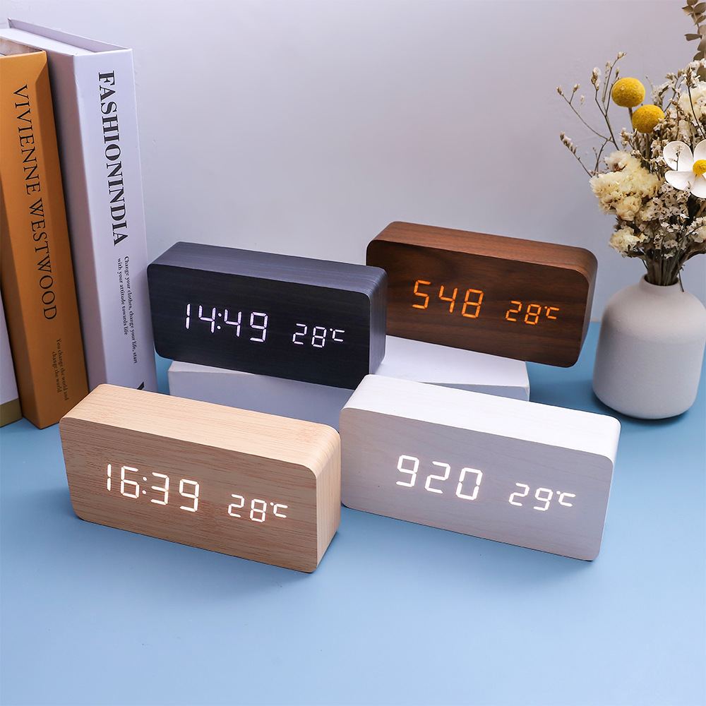 Multifunctional voice-controlled wooden clock, simple home wooden clock, multifunctional student gift electronic clock