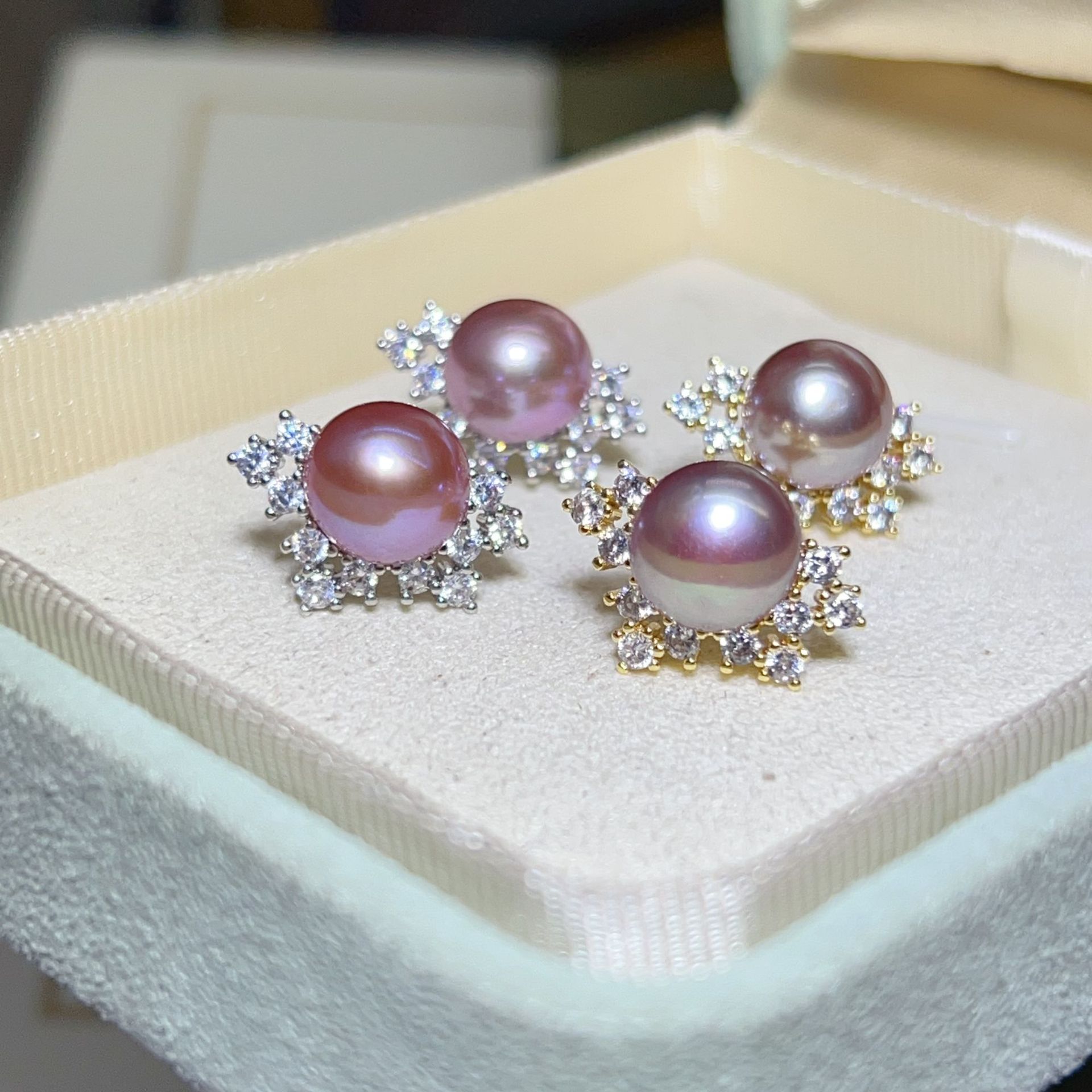 Zhuji Pearl Earrings 8-9MM Bread Pearl 925 Needle Purple Gray Earrings Natural Freshwater Pearl