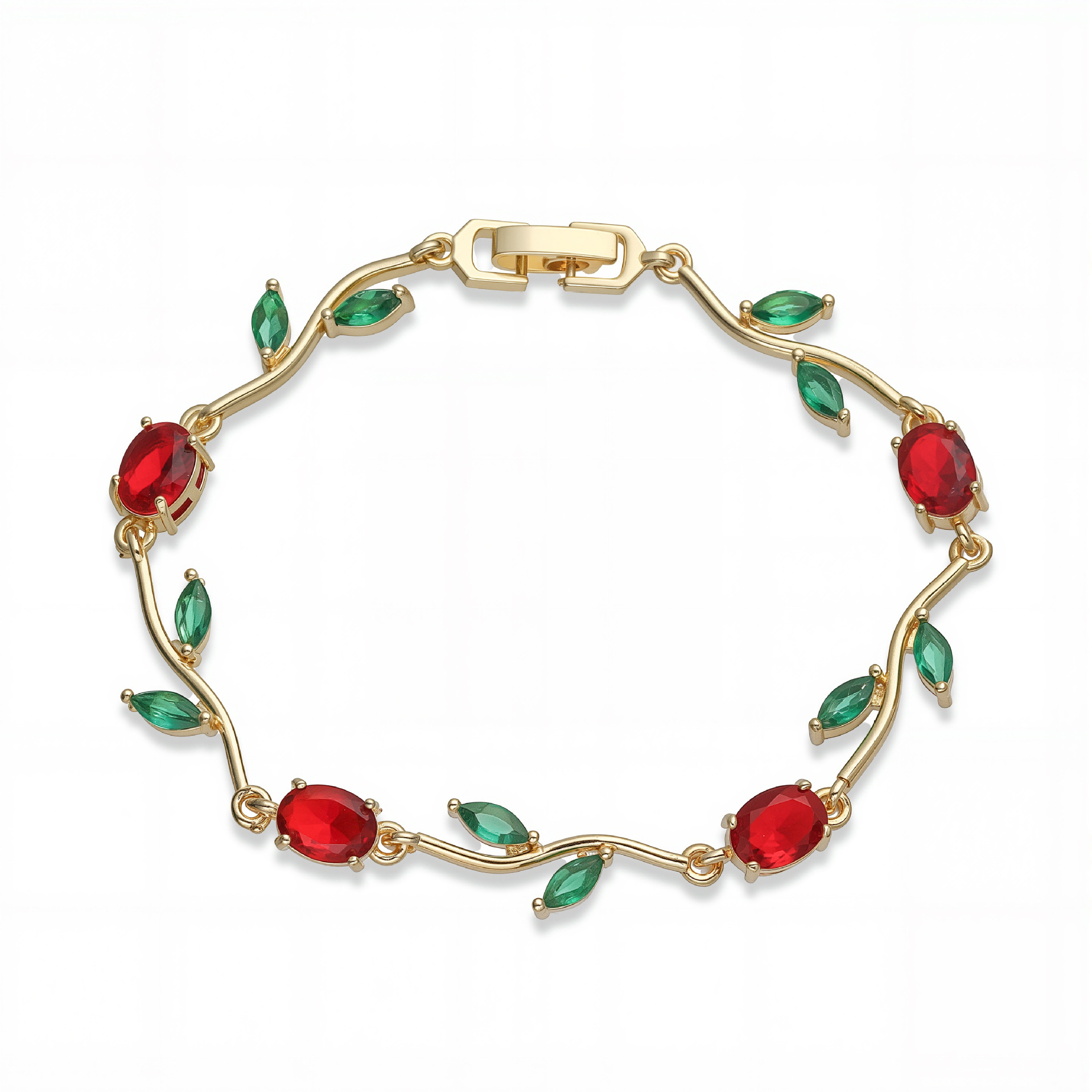 Copper Inlaid Colorful Diamond Branch and Petal Bracelet Leaf Tulip Layered Hand Jewelry