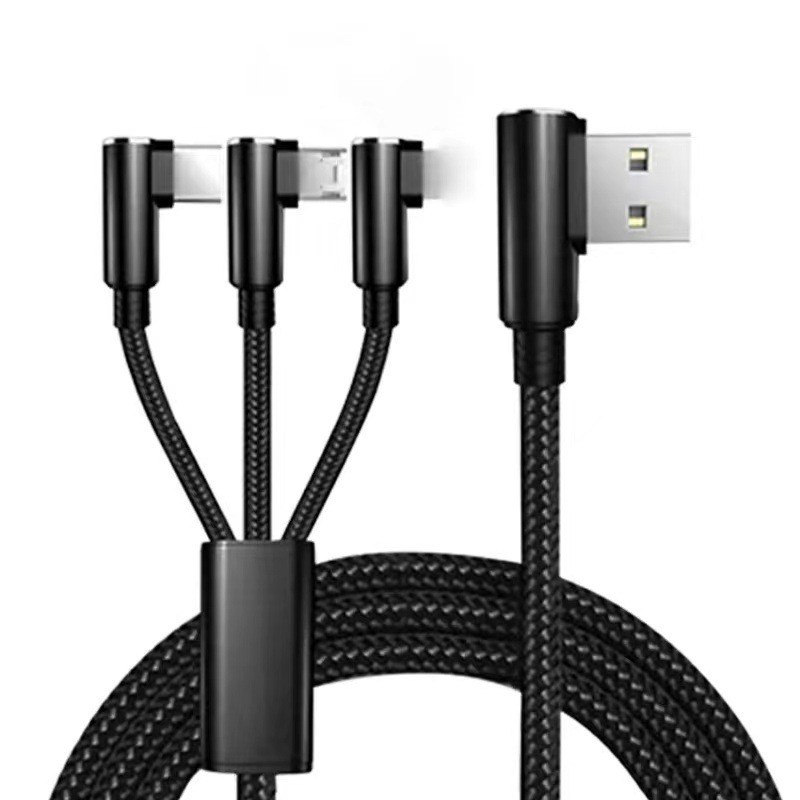 Dual bent head mobile game data cable for Apple Huawei type-c cotton braided phone fast charging cable 3-in-1