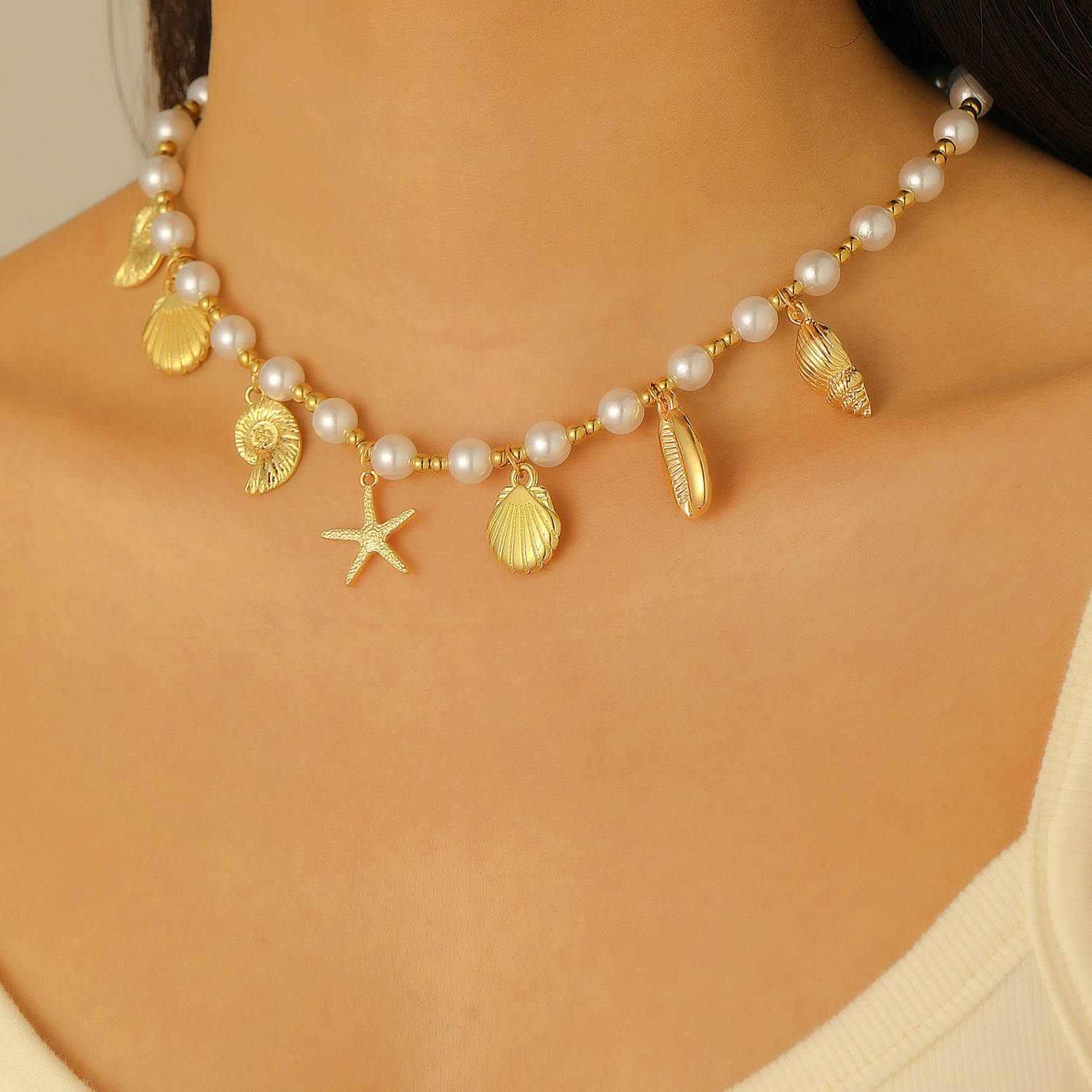Bohemian Summer Beach Shell Collarbone Chain Niche Seaside Imitation Pearl Starfish Conch Pendant Necklace Bracelet