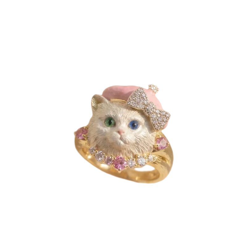New Cute Cat Ring Women Rhinestone Pink Beret Niche Finger Ring Accessories