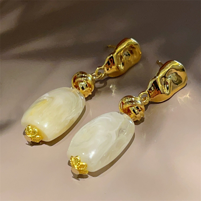 New 18K Metal Style Pink Jade Earrings 925 Silver Needle Sweet Simple Summer Ear Accessories