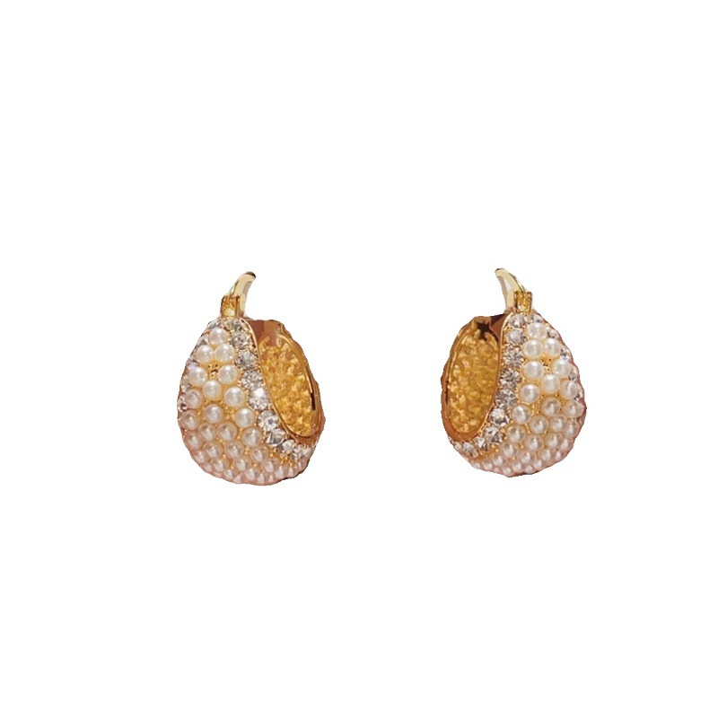 2023 New Pearl Diamond Inlaid Oval Pendant Earrings for Women, Celebrity Style Niche Earrings