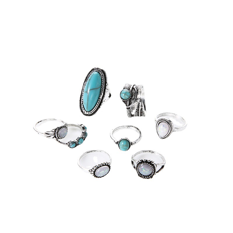 Ethnic Style Turquoise Carved Feather Ring 8-Piece Combination Ring Set