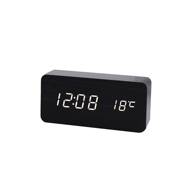 Wooden alarm clock, voice-activated night light silent temperature alarm clock, home student LED digital alarm clock