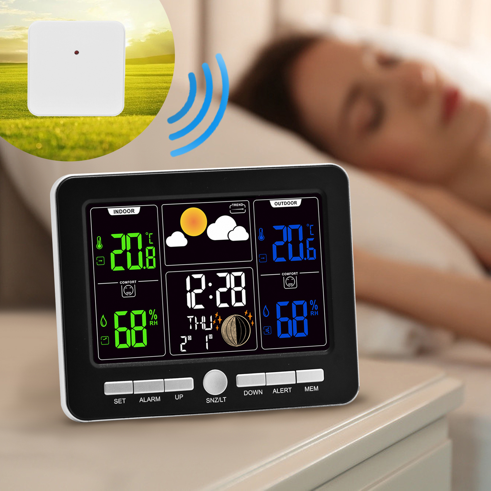 Color Screen Weather Clock Indoor Outdoor Temperature Humidity Meter Weather Alarm Clock Digital Weather Station Clock Home Wall Clock