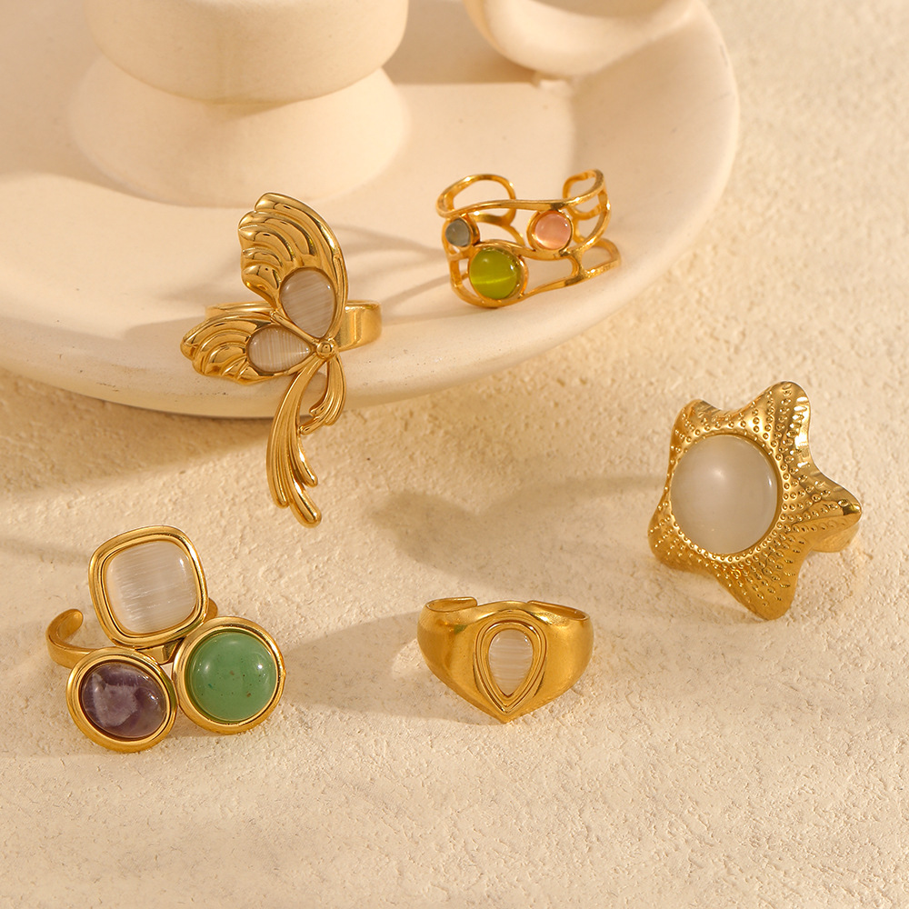 Exaggerated stainless steel ring women cat eye stone niche 18k gold finger ring rings