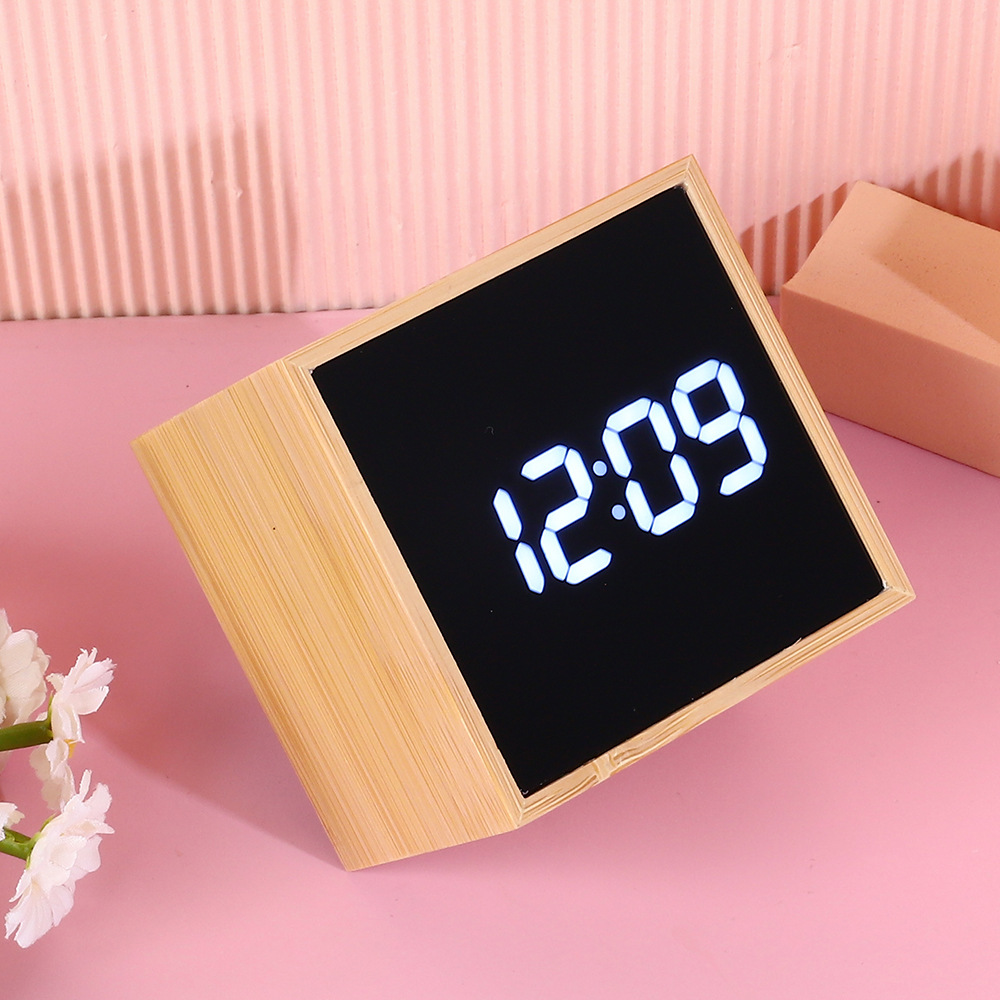 Square bamboo wood mirror surface LED thermometer electronic clock, Japanese and Korean perpetual calendar wooden alarm clock clock