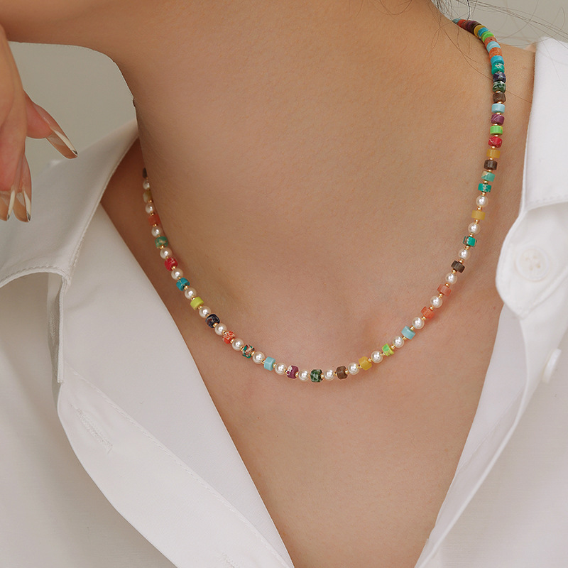 Dopamine rainbow pearl necklace, neck chain, natural stone colorful bead necklace, collarbone chain, summer necklace accessory for women