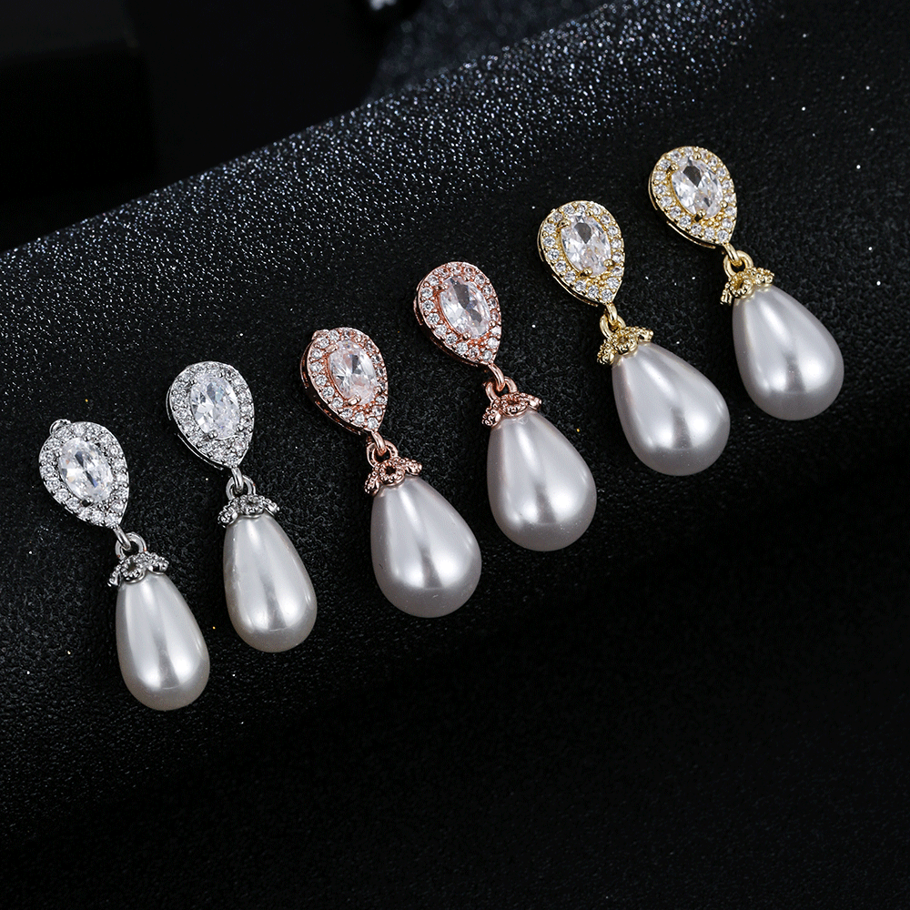 New teardrop pearl women's accessories zirconia inlaid earrings, bridal dress matching jewelry gift