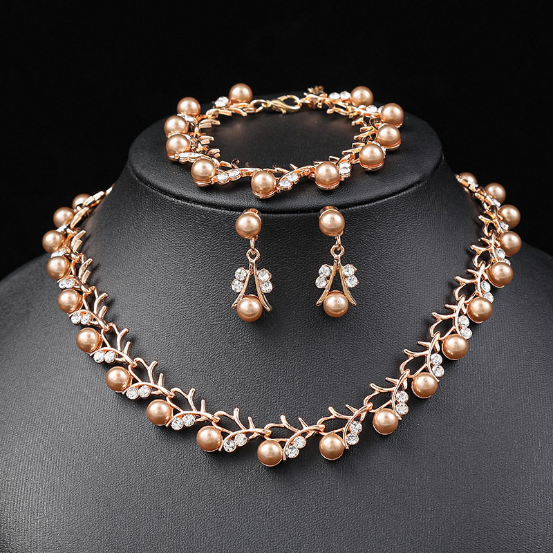 Pearl Necklace Earring Set Bride Dress Accessories Fresh Alloy Electroplated Three-Piece