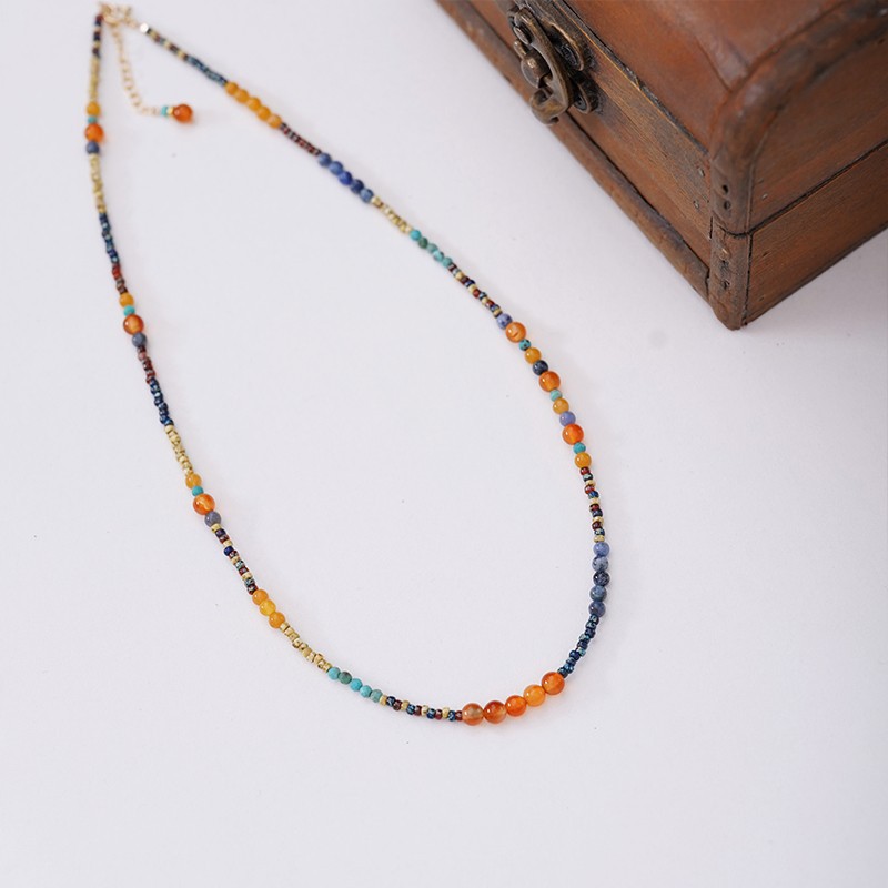 Autumn Dwelling in the Mountains natural stone topaz turquoise necklace for women, ethnic travel vacation style collarbone chain
