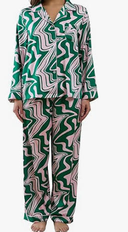 2025 Summer New Cuban Collar Color Block Puzzle Print Long Sleeve Women's Set