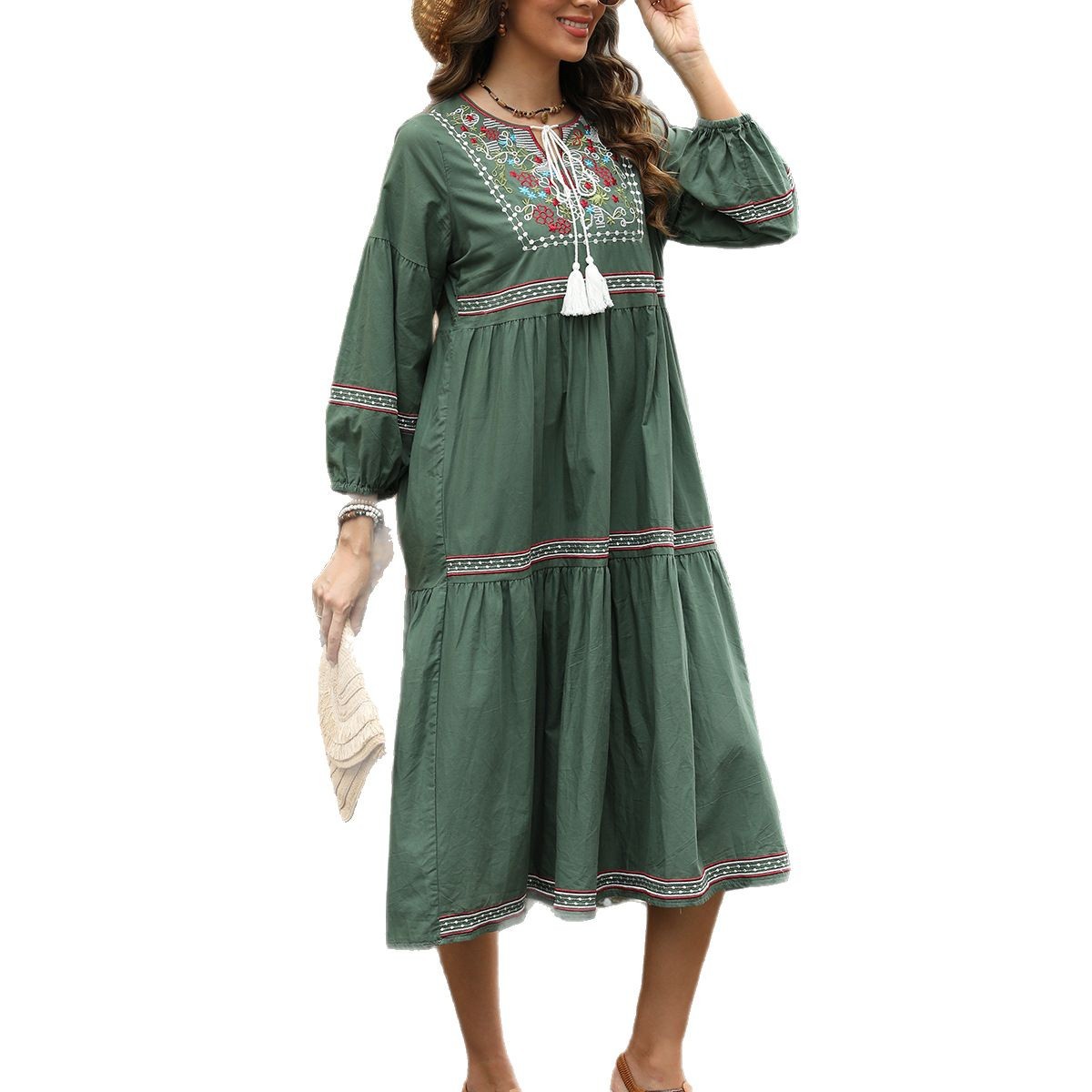 Cotton-linen long sleeve ethnic style lantern sleeve loose A-line belly-covering mid-length dress #793