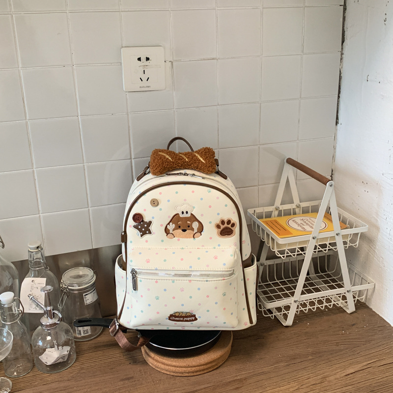2026 New Cartoon Chef Dog Polka Dot Backpack for Women Cute Embroidery Student School Bag Large Capacity Commute Backpack