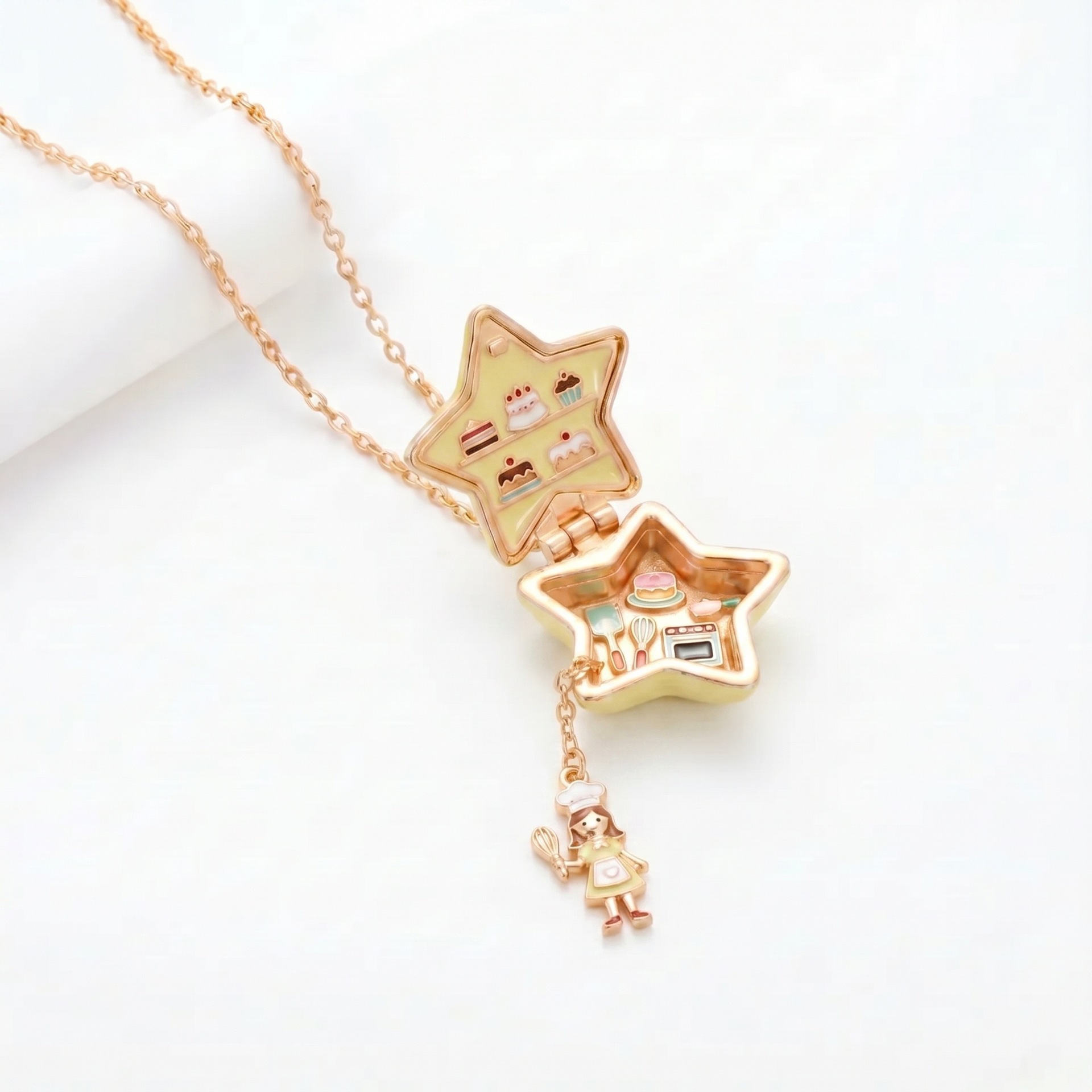 Pink-gold openable photo frame necklace for women, five-pointed star and heart, cute and popular gift necklace