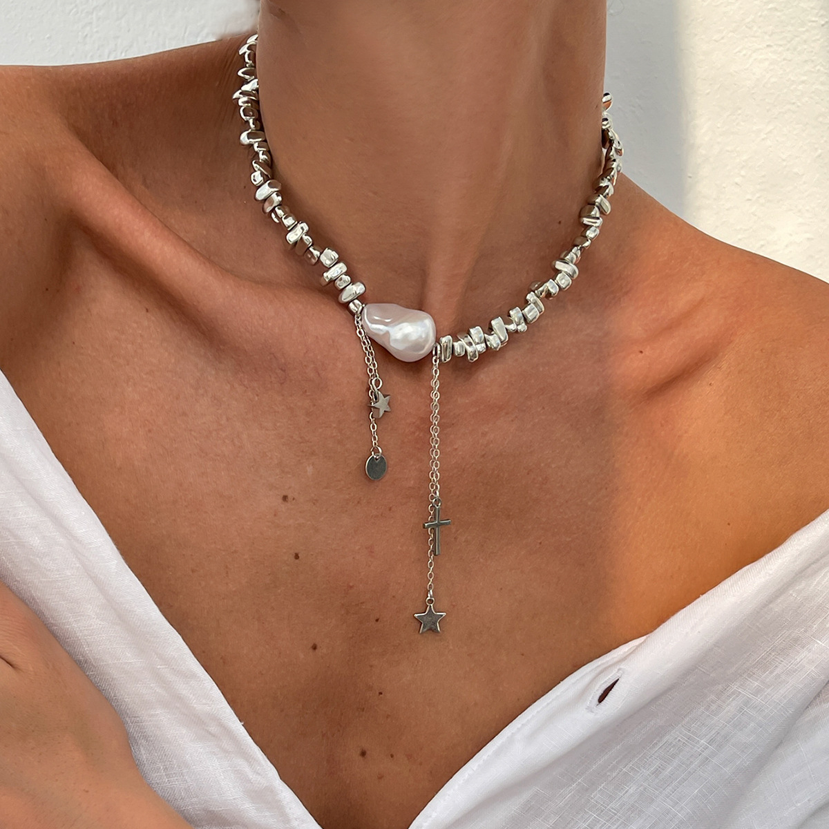 Jewelry irregular pearl necklace five-pointed star irregular CCB copper-clad iron chain neck chain