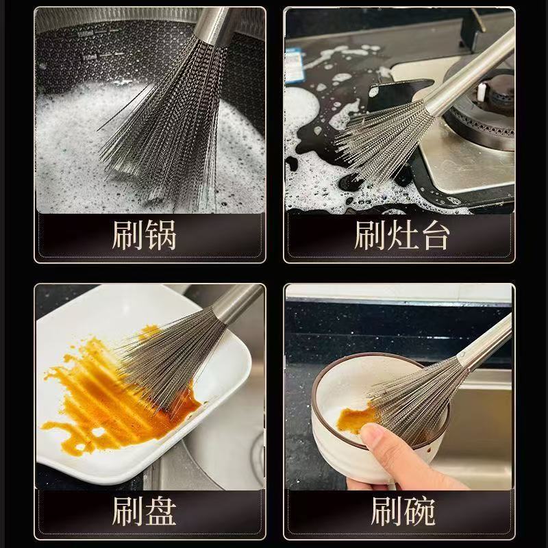 304 stainless steel long handle pot brush small waist clean household kitchen steel wire decontamination steel wire brush cleaning brush