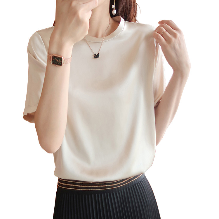 2026 Summer New S533 Loose Round Neck Heavyweight Silk Short Sleeve T-Shirt Satin Casual Top Women