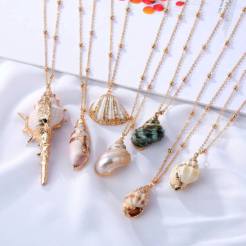 Natural Shell Niche Gold-Plated Edge Beach Marine Life Conch Shell Pearl Pendant Necklace Factory