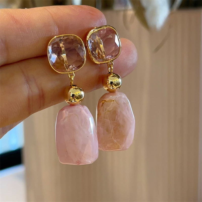 New 18K Metal Style Pink Jade Earrings 925 Silver Needle Sweet Simple Summer Ear Accessories