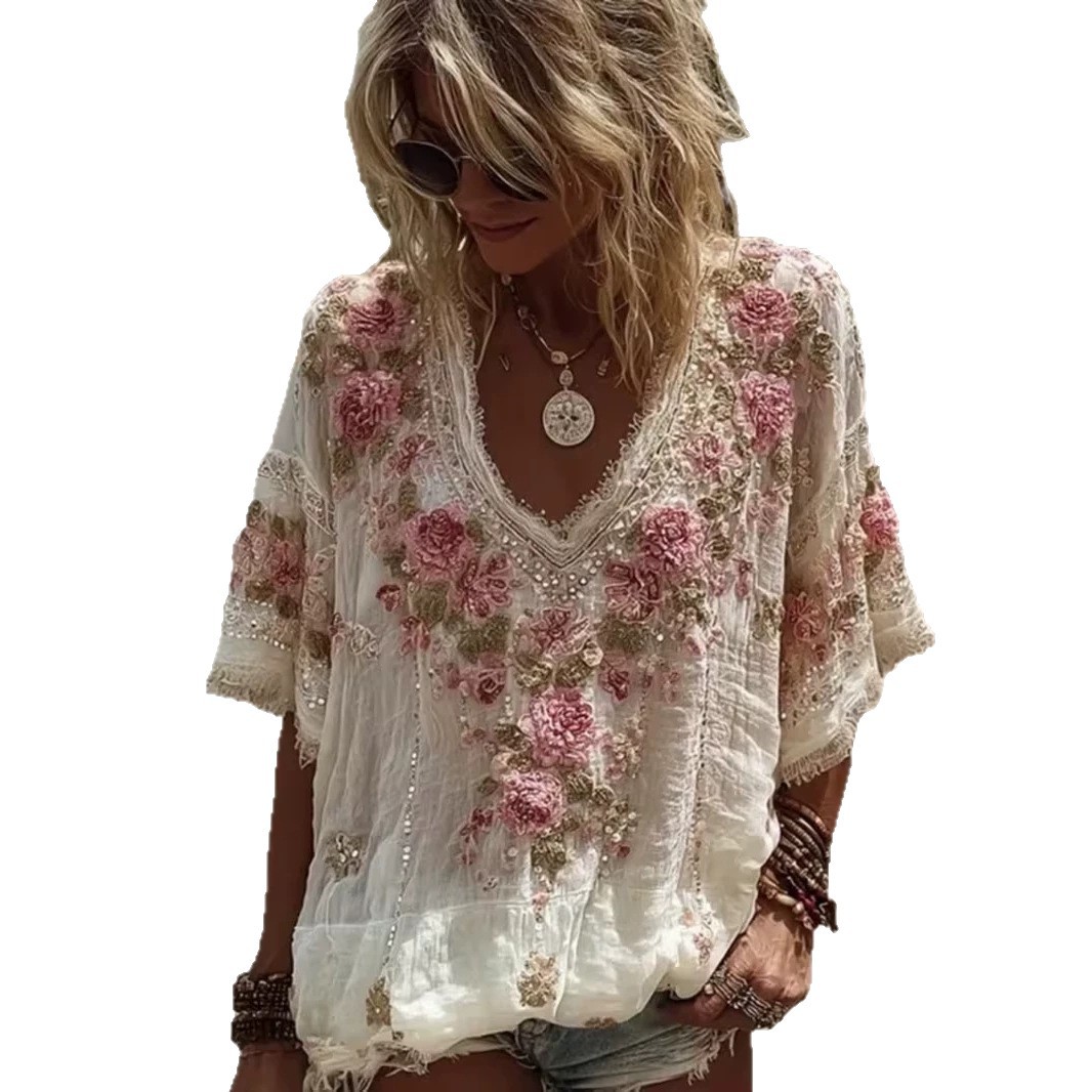 2026 Spring Summer New Exquisite Floral Vacation Print V-Neck Short Sleeve Women's T-Shirt Top