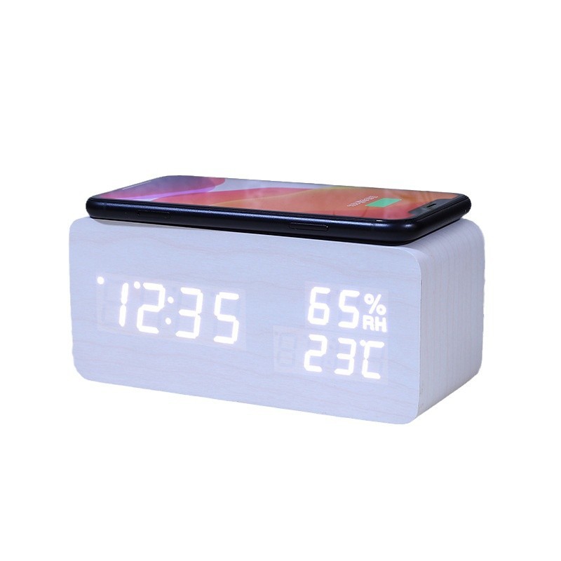 Smart Wireless Charging Clock Electronic Wooden LED Clock Digital Voice Control Clock Thermometer Alarm Clock