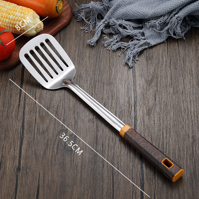 Stainless steel thickened wok spatula soup spoon home kitchen chef cooking anti-scald wok spatula wood grain handle set