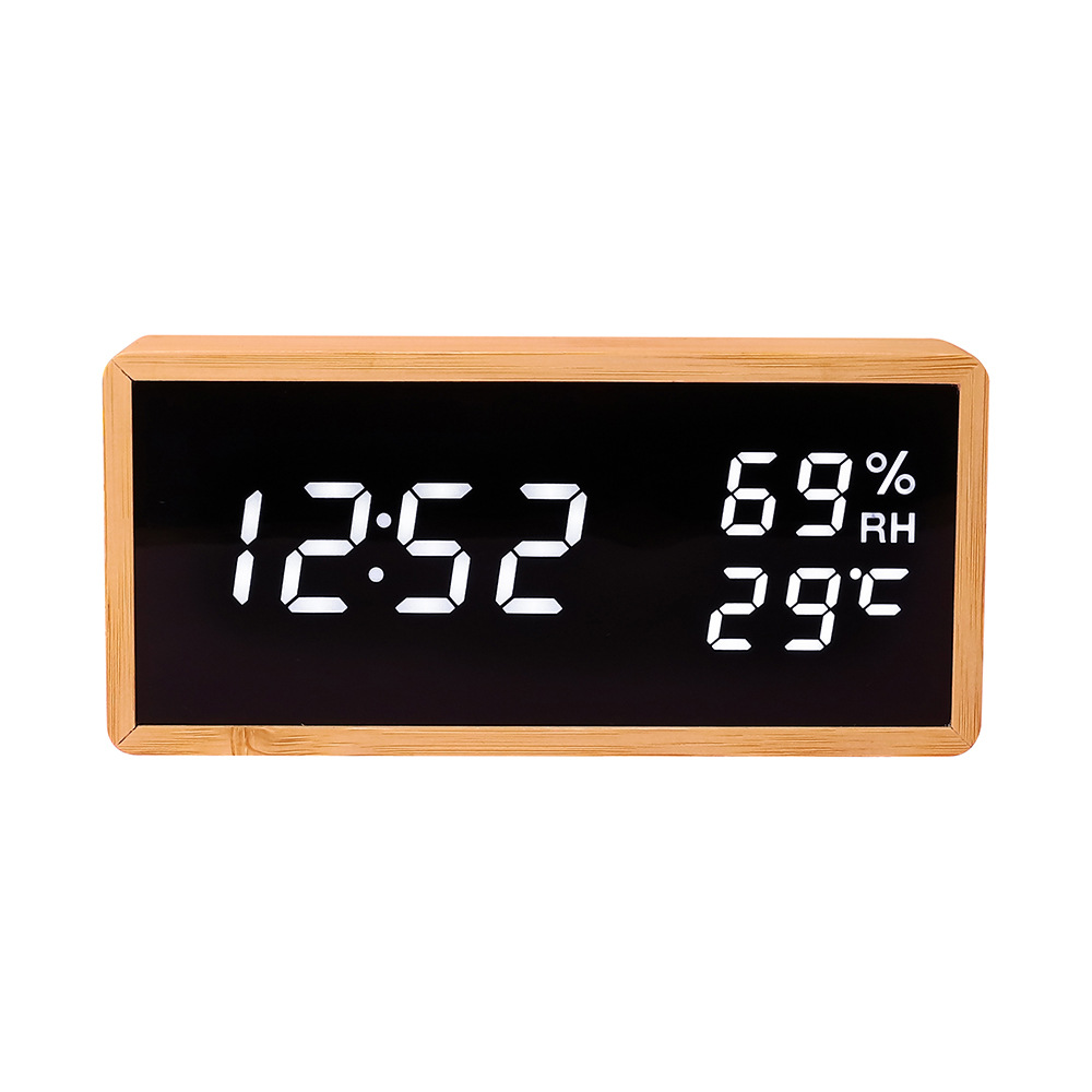 Bamboo wood LED bedroom electronic alarm clock, smart student children's desktop charging desktop clock with temperature and humidity meter wholesale