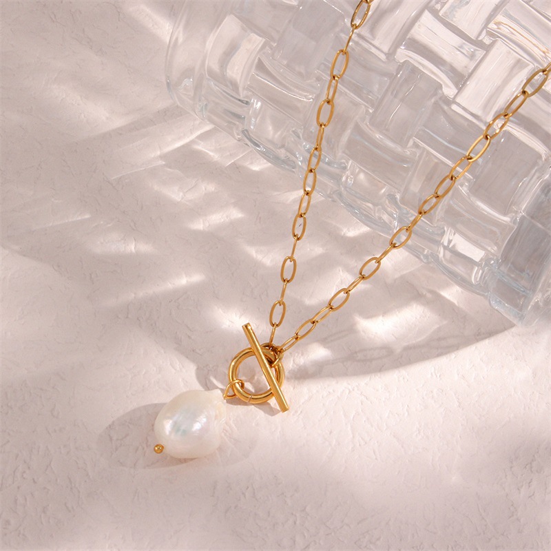 eManco Baroque Freshwater Pearl Necklace Stainless Steel Necklace Square Chain Choker Jewelry