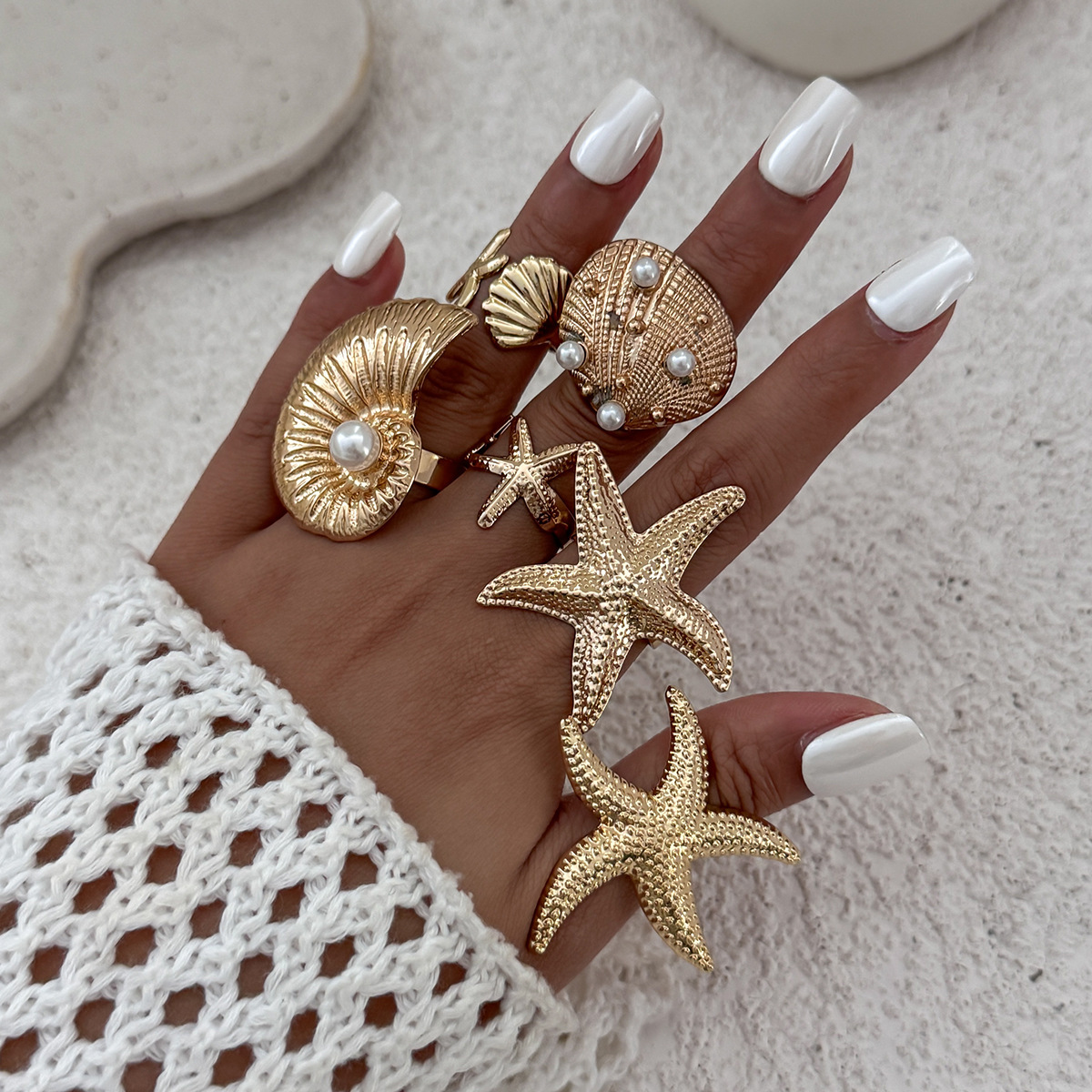 Starfish Shell Open Ring Set Women Ocean Style 6-Piece Set Pearl Adjustable Ring