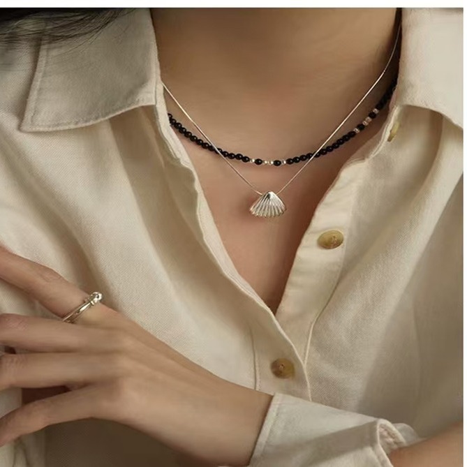 Natural black agate bead necklace for women fever niche layered S925 silver collarbone chain sweater chain
