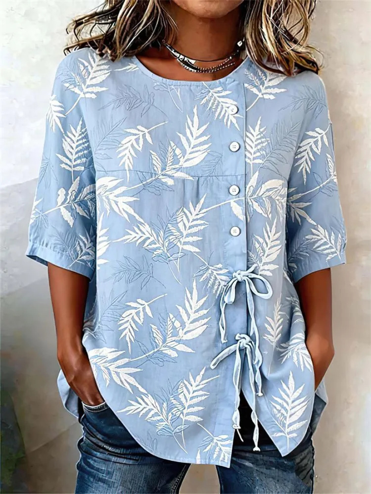 2026 New Summer Women's Top Printed Casual Short Sleeve Drawstring Bow Blouse