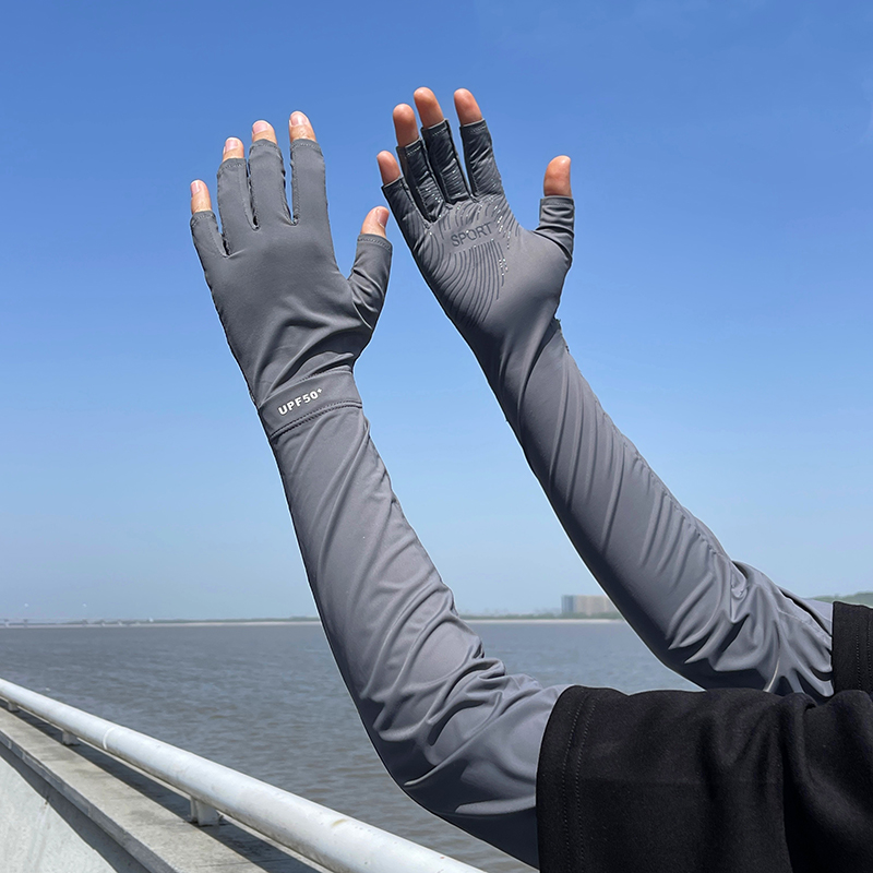 Sun Protection Gloves for Men Summer Ice Silk Driving Cycling UV Protection Fingerless Ice Silk Men's Long Arm Protection Sleeves