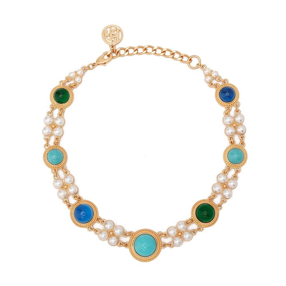 Western Antique Vintage Colored Glass Double Layer Choker Short Necklace