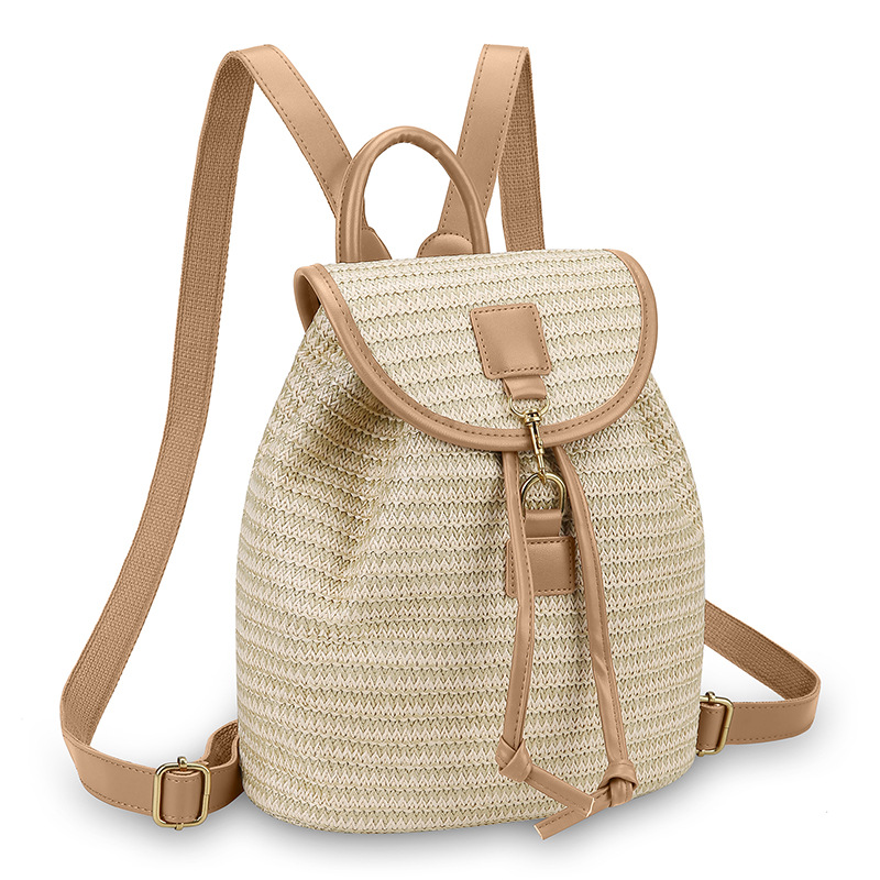 New Simple Patchwork Drawstring Bucket Straw Bag, Vacation Travel Woven Backpack for Women