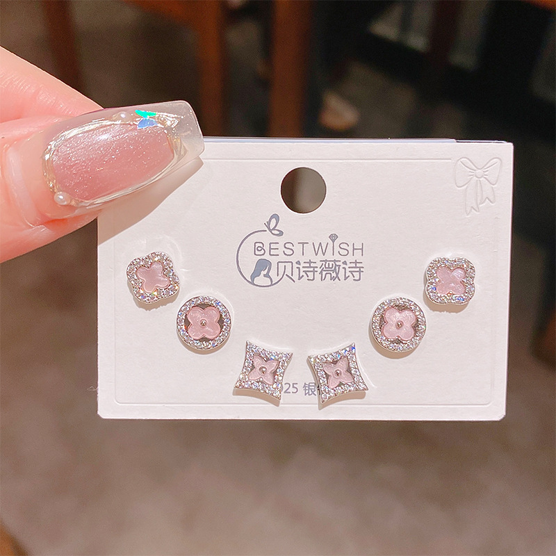 2025 new exquisite four-leaf flower zircon small earrings three pairs, wind 6-piece set earrings