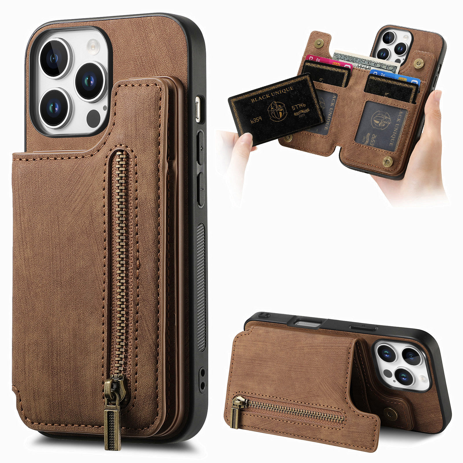 For Apple 18pro phone case left-right flip card holder iphone18 zipper card slot anti-drop leather case