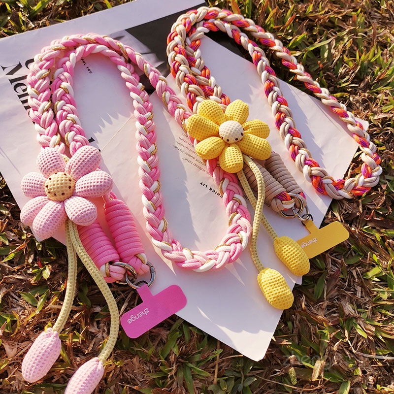 Phone strap crossbody wearable women's long flower handmade braided rope sturdy durable outdoor anti-loss rope