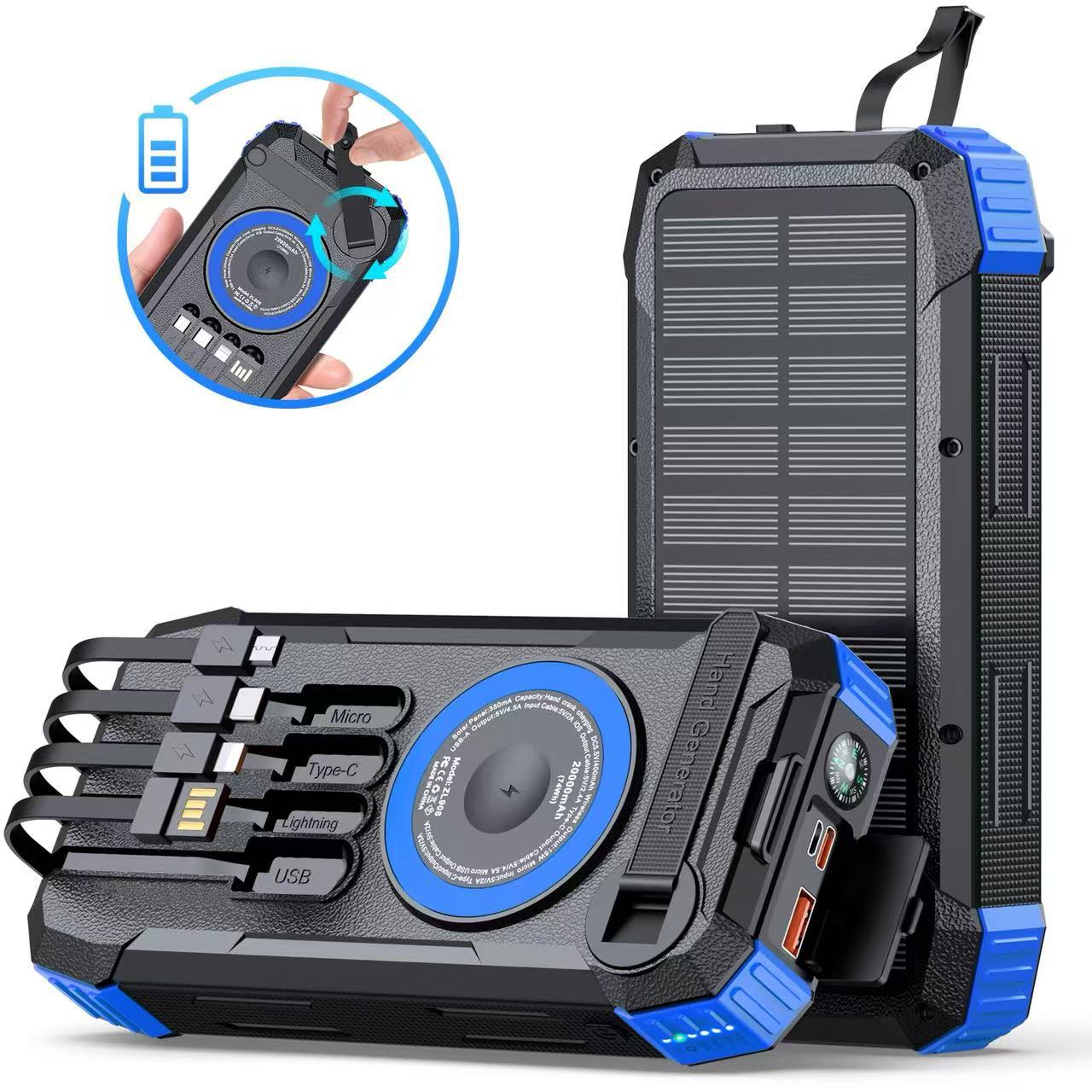 2025 new hand-crank solar charging bank four-line outdoor power bank 20000mAh magnetic wireless