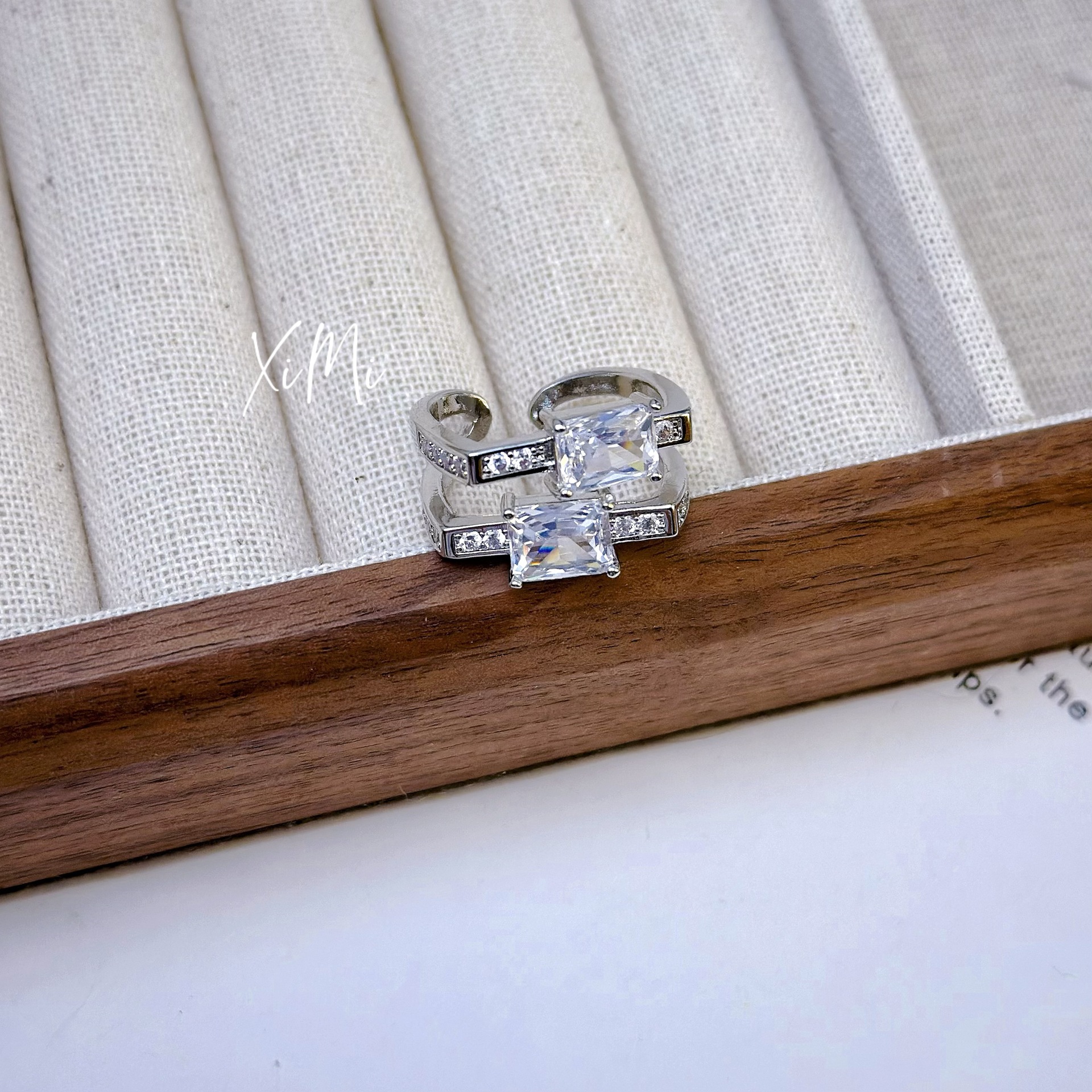 Zirconia Square Double-Layer Open Ring for Women Niche Design Index Finger Ring Hand Jewelry