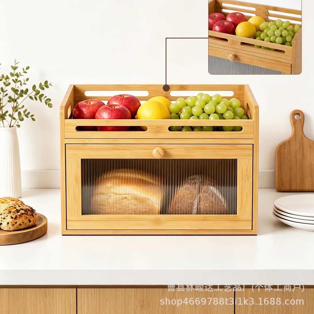 New bamboo wood bread box, kitchen countertop baking pastry dustproof storage box, multifunctional double-layer seasoning storage rack