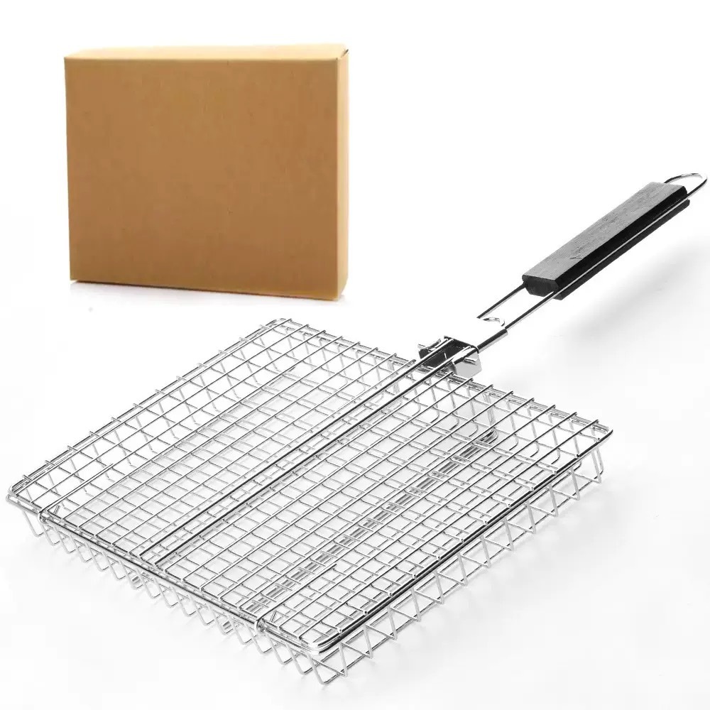 BBQ Stainless Steel Folding Handle Grill Tongs Outdoor Multi-functional BBQ Net Grilled Fish Vegetable Barbecue Tool