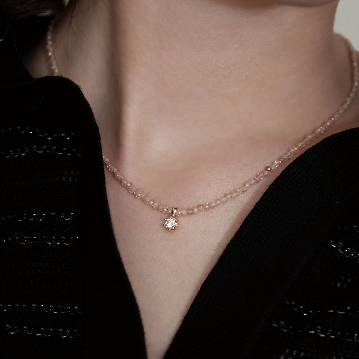 Yuanyou champagne zirconia moissanite necklace layered wear delicate bead simple collarbone chain